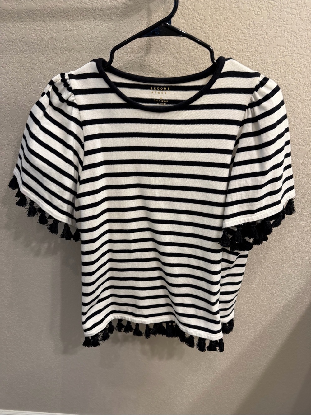 kate spade Black & White Striped Tassel Trim Top